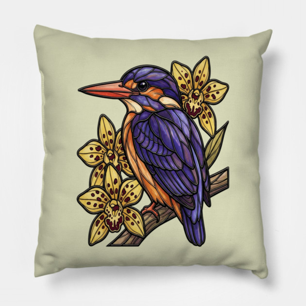 African Pygmy Kingfisher Orchid Art Pillow by BirdsnStuff