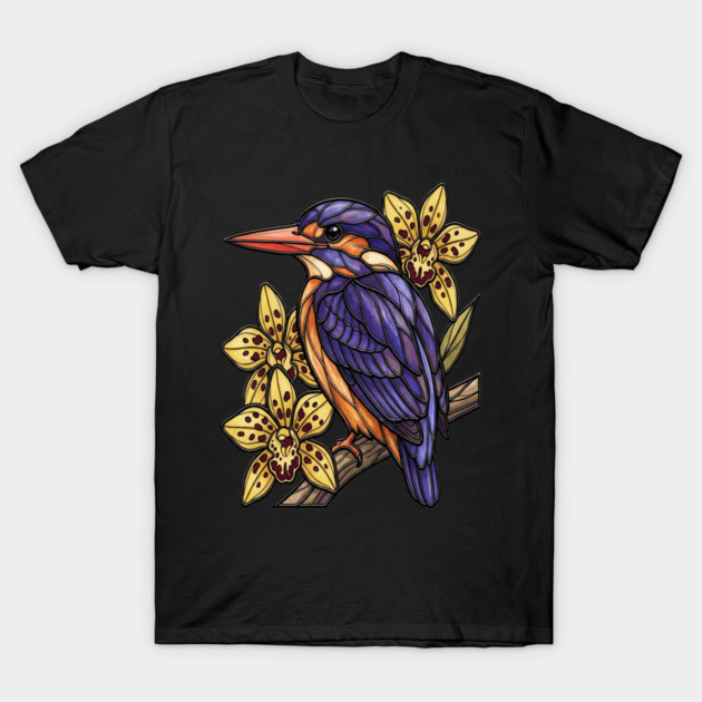 African Pygmy Kingfisher Orchid Art T-Shirt by BirdsnStuff