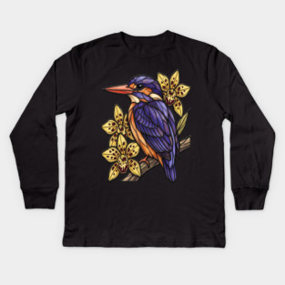 African Pygmy Kingfisher Orchid Art Kids Long Sleeve T-Shirt