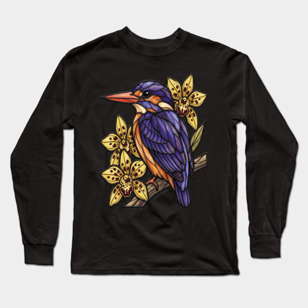 African Pygmy Kingfisher Orchid Art Long Sleeve T-Shirt by BirdsnStuff