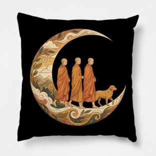 Walking for Peace - Monks and Dog in a Crescent Moon Pillow