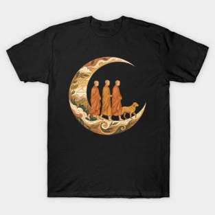 Walking for Peace - Monks and Dog in a Crescent Moon T-Shirt