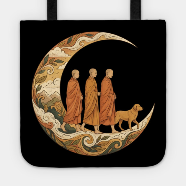 Walking for Peace - Monks and Dog in a Crescent Moon Tote by Creatifly Graphic Tees