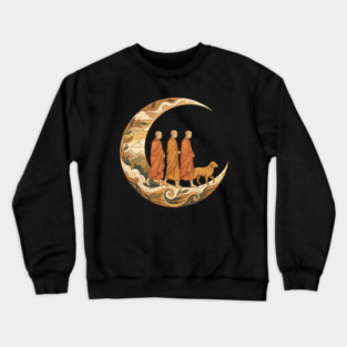 Walking for Peace - Monks and Dog in a Crescent Moon Crewneck Sweatshirt
