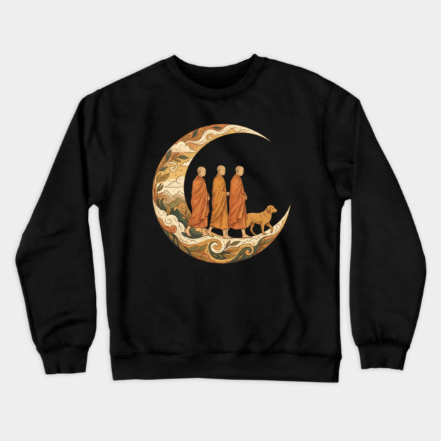 Walking for Peace - Monks and Dog in a Crescent Moon Crewneck Sweatshirt by Creatifly Graphic Tees