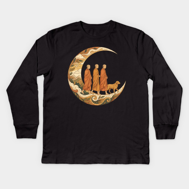 Walking for Peace - Monks and Dog in a Crescent Moon Kids Long Sleeve T-Shirt by Creatifly Graphic Tees
