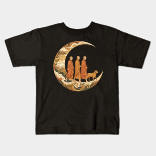 Walking for Peace - Monks and Dog in a Crescent Moon Kids T-Shirt
