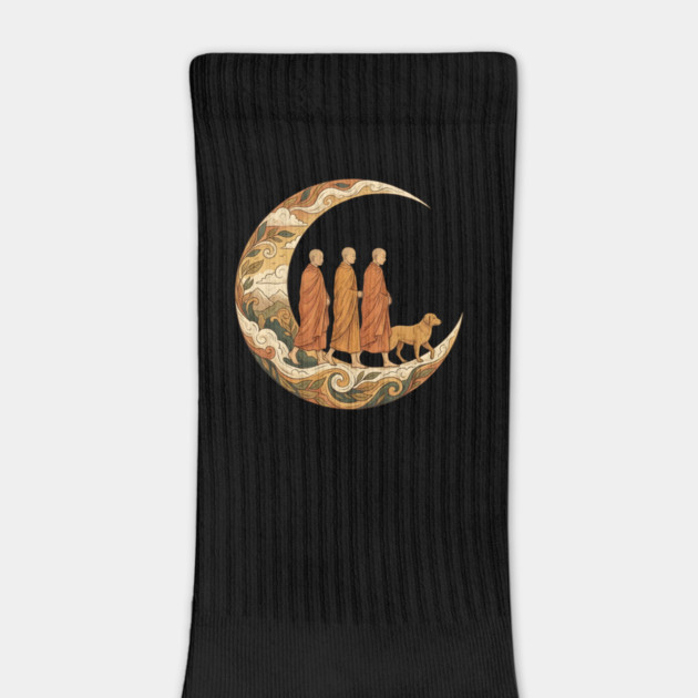 Walking for Peace - Monks and Dog in a Crescent Moon by Creatifly Graphic Tees