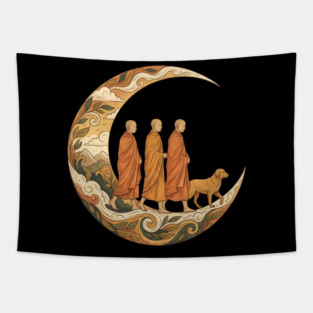 Walking for Peace - Monks and Dog in a Crescent Moon Tapestry