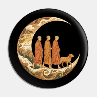 Walking for Peace - Monks and Dog in a Crescent Moon Pin