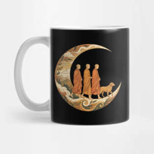 Walking for Peace - Monks and Dog in a Crescent Moon Mug