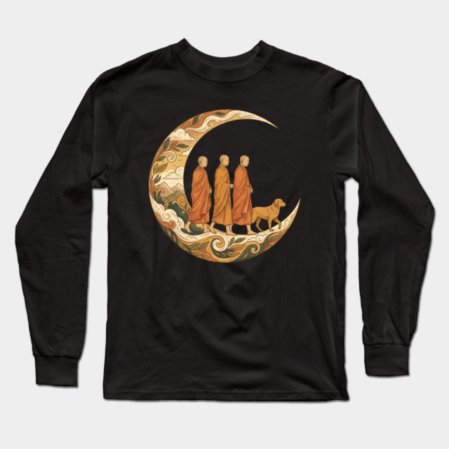 Walking for Peace - Monks and Dog in a Crescent Moon Long Sleeve T-Shirt by Creatifly Graphic Tees