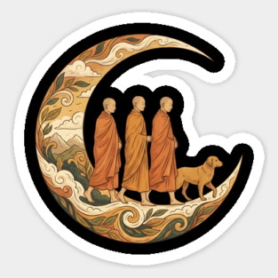 Walking for Peace - Monks and Dog in a Crescent Moon Sticker
