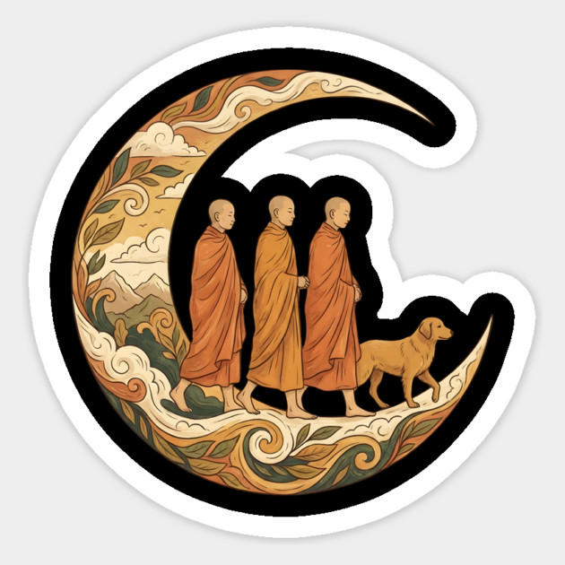 Walking for Peace - Monks and Dog in a Crescent Moon Magnet by Creatifly Graphic Tees