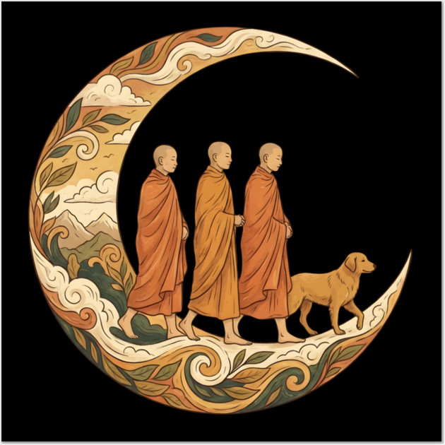 Walking for Peace - Monks and Dog in a Crescent Moon Wall Art by Creatifly Graphic Tees