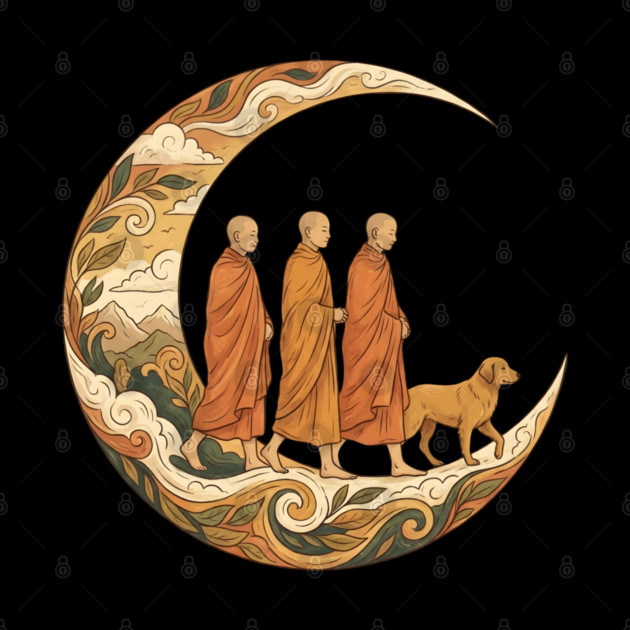 Walking for Peace - Monks and Dog in a Crescent Moon by Creatifly Graphic Tees