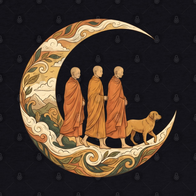 Walking for Peace - Monks and Dog in a Crescent Moon by Creatifly Graphic Tees