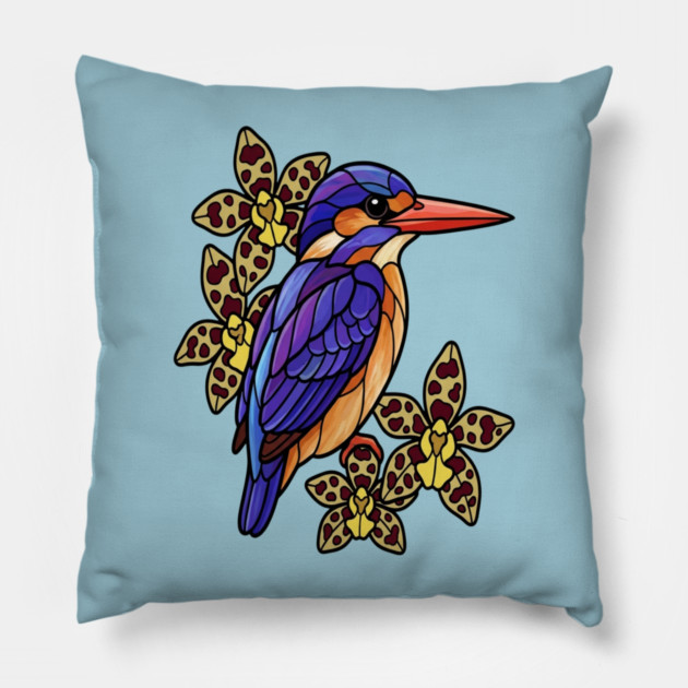 African Pygmy Kingfisher Stained Glass Art Pillow by BirdsnStuff
