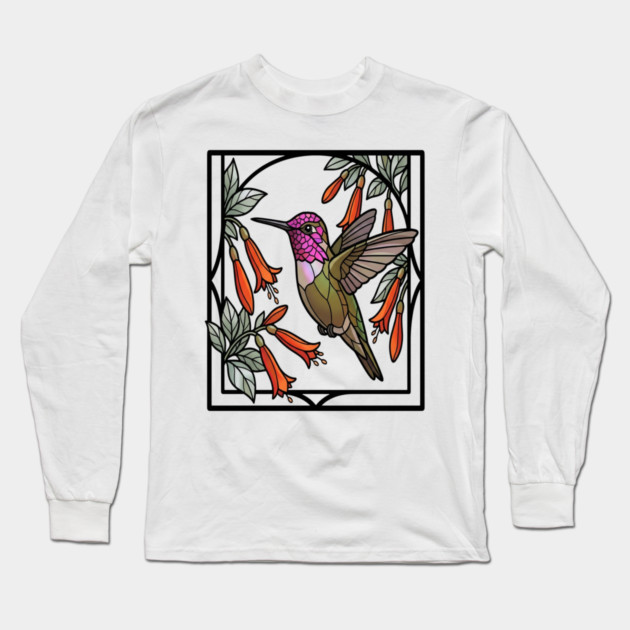 Anna's Hummingbird Stained Glass Art Long Sleeve T-Shirt by BirdsnStuff