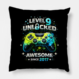 Level 9 Unlocked Awesome Since 2017 Gamer Birthday Pillow