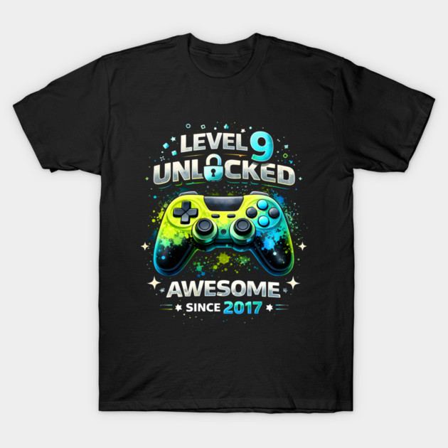 Level 9 Unlocked Awesome Since 2017 Gamer Birthday T-Shirt by ArtistTee ⭐⭐⭐⭐⭐