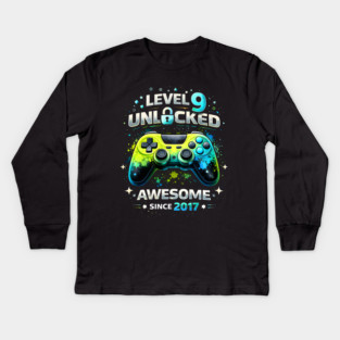 Level 9 Unlocked Awesome Since 2017 Gamer Birthday Kids Long Sleeve T-Shirt