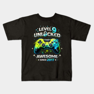 Level 9 Unlocked Awesome Since 2017 Gamer Birthday Kids T-Shirt