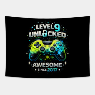Level 9 Unlocked Awesome Since 2017 Gamer Birthday Tapestry