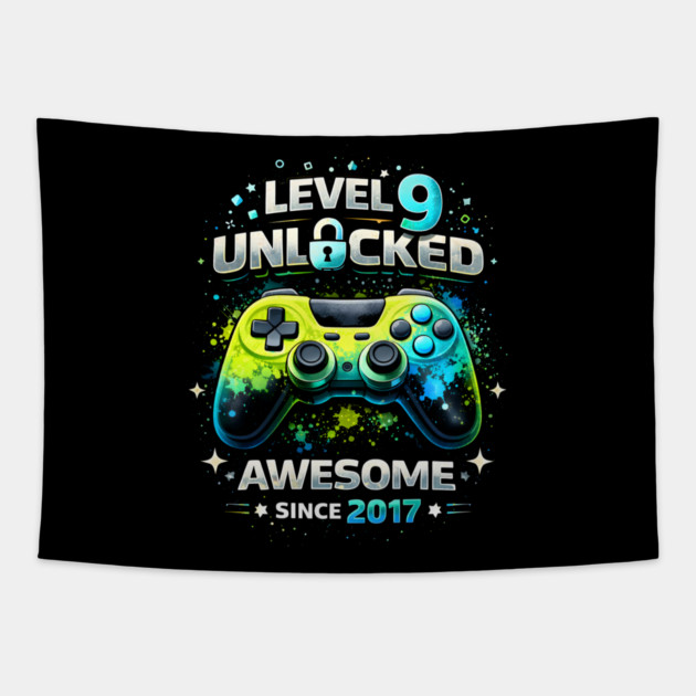 Level 9 Unlocked Awesome Since 2017 Gamer Birthday Tapestry by ArtistTee ⭐⭐⭐⭐⭐