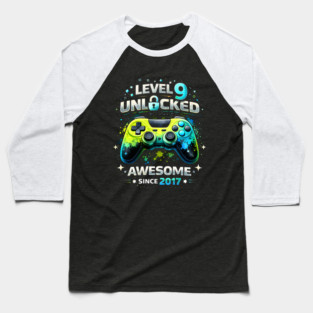 Level 9 Unlocked Awesome Since 2017 Gamer Birthday Baseball T-Shirt