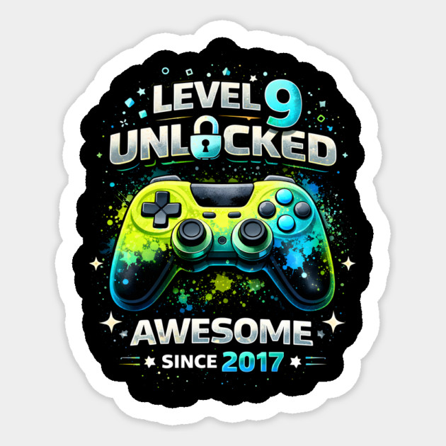Level 9 Unlocked Awesome Since 2017 Gamer Birthday Sticker by ArtistTee ⭐⭐⭐⭐⭐