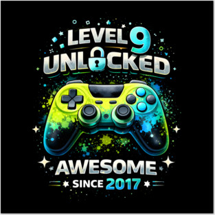 Level 9 Unlocked Awesome Since 2017 Gamer Birthday Posters and Art