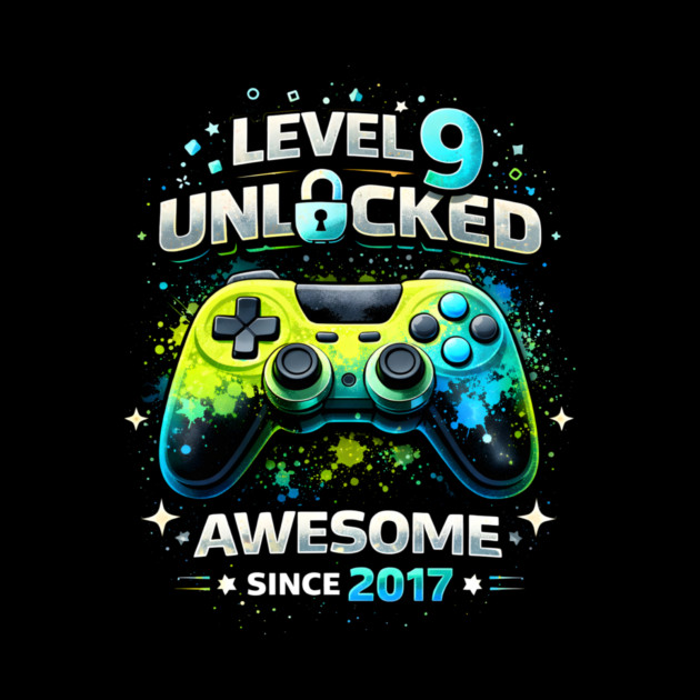 Level 9 Unlocked Awesome Since 2017 Gamer Birthday by ArtistTee ⭐⭐⭐⭐⭐