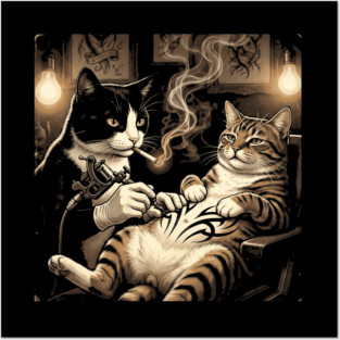Tuxedo Cat Tattoo Shop Artist Inked Kitten Smoking Feline Artwork Posters and Art