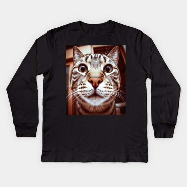 Cat Stare Tee - Close Encounter Feline Design. cat shirt funny feline design pet humor apparel whiskers gift animal lover tee Kids Long Sleeve T-Shirt by OUTFITPAW