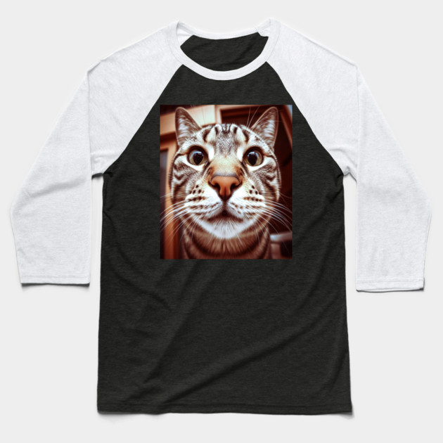 Cat Stare Tee - Close Encounter Feline Design. cat shirt funny feline design pet humor apparel whiskers gift animal lover tee Baseball T-Shirt by OUTFITPAW