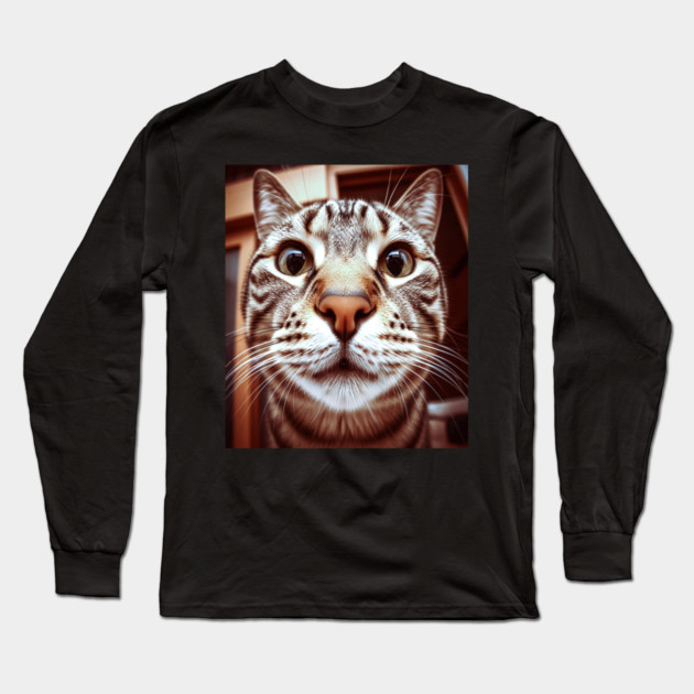 Cat Stare Tee - Close Encounter Feline Design. cat shirt funny feline design pet humor apparel whiskers gift animal lover tee Long Sleeve T-Shirt by OUTFITPAW