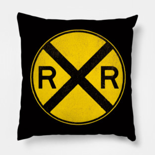 Weathered Yellow and  Black Retro Rail Road RR Crossing Sign Pillow