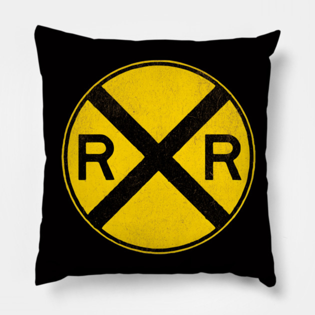 Weathered Yellow and  Black Retro Rail Road RR Crossing Sign Pillow by DonWillisJrArt