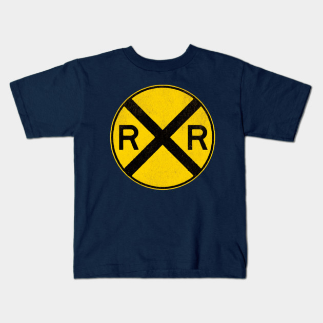 Weathered Yellow and  Black Retro Rail Road RR Crossing Sign Kids T-Shirt by DonWillisJrArt