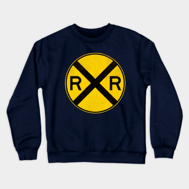 Weathered Yellow and  Black Retro Rail Road RR Crossing Sign Crewneck Sweatshirt by DonWillisJrArt
