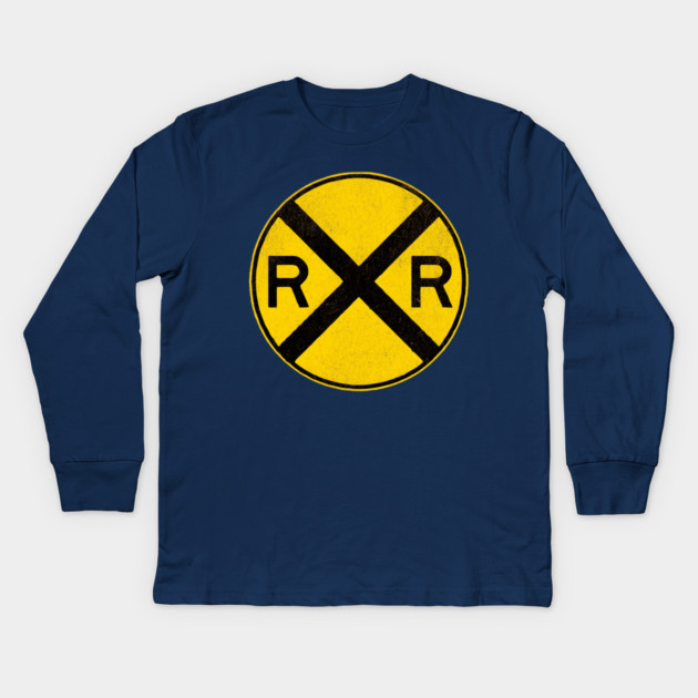 Weathered Yellow and  Black Retro Rail Road RR Crossing Sign Kids Long Sleeve T-Shirt by DonWillisJrArt