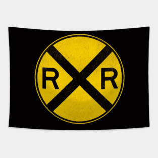 Weathered Yellow and  Black Retro Rail Road RR Crossing Sign Tapestry