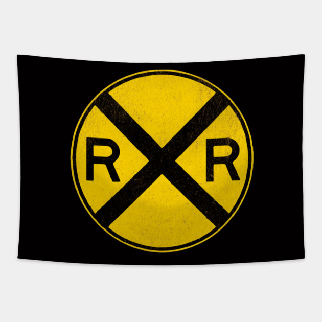 Weathered Yellow and  Black Retro Rail Road RR Crossing Sign Tapestry by DonWillisJrArt