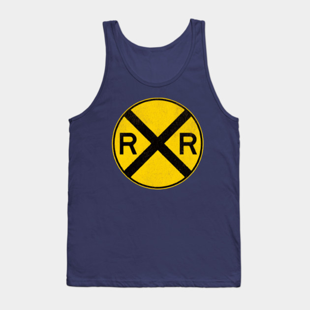 Weathered Yellow and  Black Retro Rail Road RR Crossing Sign Tank Top by DonWillisJrArt