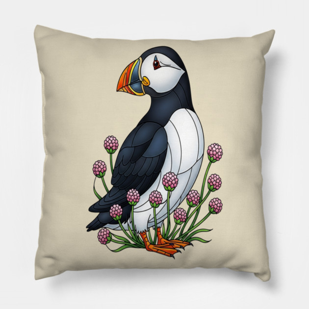Northern Puffin Coastal Nature Art Pillow by BirdsnStuff