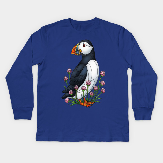 Northern Puffin Coastal Nature Art Kids Long Sleeve T-Shirt by BirdsnStuff