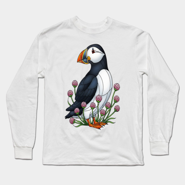 Northern Puffin Coastal Nature Art Long Sleeve T-Shirt by BirdsnStuff