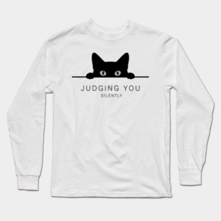 Judging You Silently Cat T-Shirt - Funny Black Cat Peeking Graphic Tee Long Sleeve T-Shirt