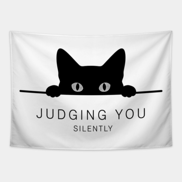 Judging You Silently Cat T-Shirt - Funny Black Cat Peeking Graphic Tee Tapestry by OUTFITPAW